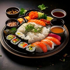 a visually appealing sushi and sashimi platter with an array of colorful fish and rolls, served on a
