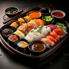 Wall Mural - A beautifully arranged platter of sushi and sashimi, featuring an assortment of fresh fish and rolls, presented on a dark wooden board.