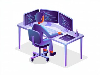 Focused Young Programmer Working at Three Monitors with Coding Interface
