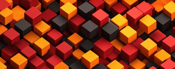 Fototapete - A vibrant arrangement of cubes in red, yellow, orange, and black, creating an abstract, three-dimensional pattern.