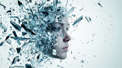 Fototapete - A surreal depiction of a face emerging from shattered glass, symbolizing fragmentation and transformation.