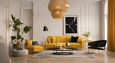 Wall Mural - Modern interior design of living room with white sofa coffee table stucco wall 3d animation rendering 4K