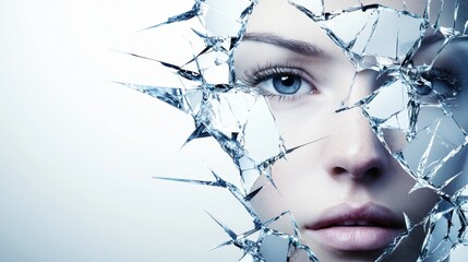 Poster - A close-up of a woman's face partially obscured by shattered glass, conveying themes of fragility and beauty in a surreal, artistic style.