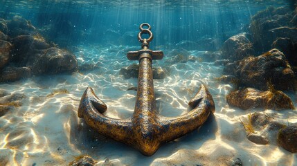 Sunlit underwater anchor on sandy seabed.