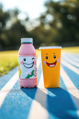 Wall Mural - a water bottle racing a smoothie cup on a track, both smiling in friendly competition