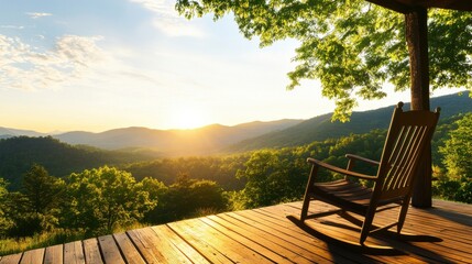 Wall Mural - A tranquil scene featuring a rocking chair on a wooden deck, overlooking a lush landscape bathed in warm sunset light.