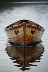 Wall Mural - a rowboat with a cheerful face, paddles creating ripples shaped like hearts