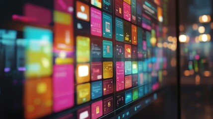 Wall Mural - A closeup of a digital monitor showing an AIpowered recommendation engine with an assortment of colorful recommendation cards dynamically populating as data changes in realtime.