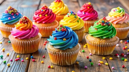 Wall Mural - Delicious cupcakes topped with colorful frosting and sprinkles, cupcakes, frosting, sprinkles, dessert, baked goods