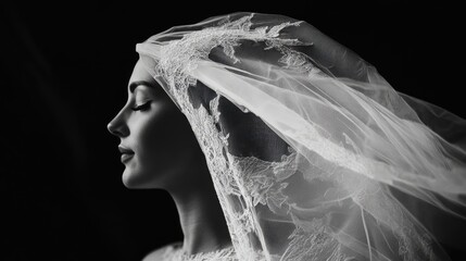 Wall Mural - Elegant Black and White Minimalist Portrait of a Bride with Detailed Veil Against a Dark Background