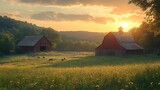 Rustic Barns Sunset Horses Wildflowers Peaceful Countryside