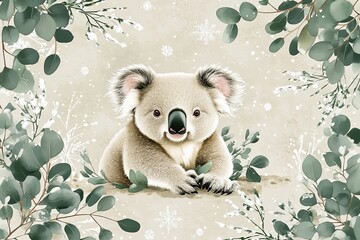 Wall Mural - Adorable Koala Bear Amidst Winter Eucalyptus Leaves