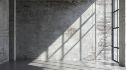 Canvas Print - Minimalist industrial interior with neutral gray brick wall and natural light shadows through large window panes