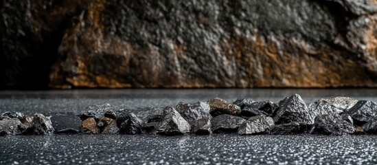 Close up of wet gravel with blurred dark rock in background creating a dramatic and moody natural scene with space for text and design elements