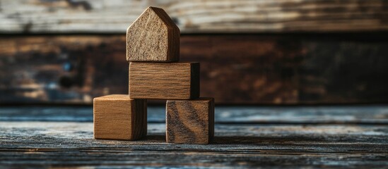 Wooden building blocks arranged creatively with a rustic background providing space for text or narrative development.