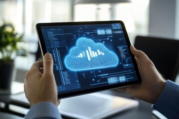 cloud service interface displayed on a tablet in a modern office setting during daylight hours
