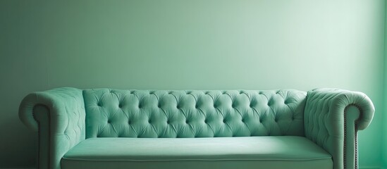 Canvas Print - Mint green tufted sofa in a serene and stylish living room featuring a minimalist design with ample space for customizable text.