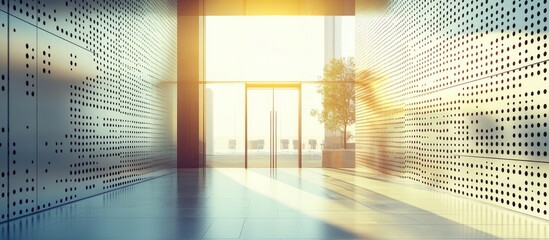 Wall Mural - Modern commercial building entrance with perforated walls illuminated by sunlight and empty space for text or branding.