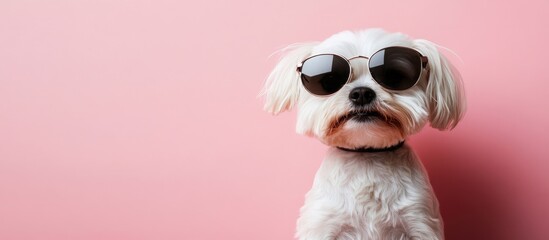 Wall Mural - Maltese dog in stylish sunglasses against pastel pink background with ample space for custom text or caption