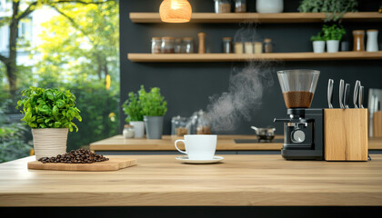 Freshly brewed coffee steaming in cozy kitchen with natural light