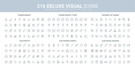 Wall Mural - Electrical devices and electricians equipment, IoT line icon set. Hydro electric and wind, nuclear station for electricity production, electronic hardware thin black outline symbol vector illustration