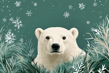 Sticker - Polar Bear Amidst Winter Snowflakes and Grass