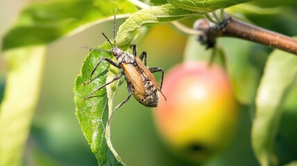 Poster - Insect on Apple Tree Twig Among Leaves and Fruit Before Harvesting and Cleaning Apples