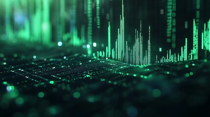 A green computer interface with chart data, likely financial.