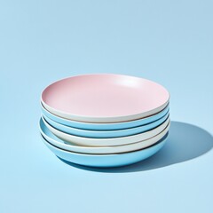 Poster - Stack of pastel-colored plates on blue background. (1)