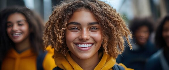 Wall Mural - Confident Young Woman Smiling with Friends in City Background