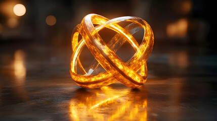 Glowing golden abstract sphere with intersecting rings reflecting on dark surface.