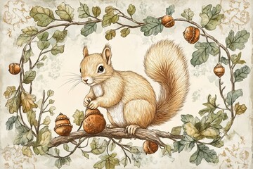 Sticker - A Cute Squirrel Holding an Acorn on an Oak Branch