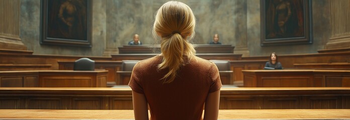 this image of a woman with blond hair standing boldly in front of a wooden bench and a panel of invi