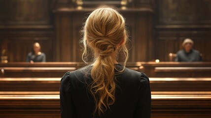 this image of a woman with blond hair standing boldly in front of a wooden bench and a panel of invi
