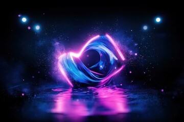 Wall Mural - A glowing neon ocean wave in vibrant blue and purple hues, surrounded by faint mist and sparkling particles, creating a dynamic and energetic visual. 