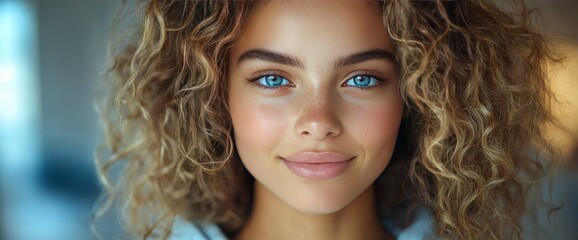 Wall Mural - Portrait of a Young Woman with Curly Blonde Hair and Blue Eyes