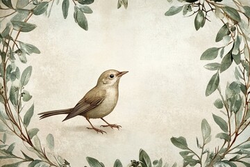 Sticker - A Small Bird Among Greenery On A Textured Background