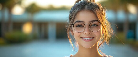 Wall Mural - Confident Young Woman Smiling Outdoors with Glasses