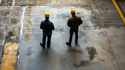 Wall Mural - Two men wearing hard hats stand in front of a building