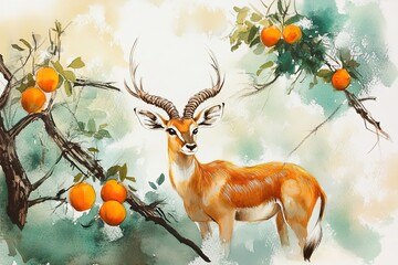 Sticker - A Majestic Antelope Stands Amongst Orange Trees