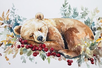 Wall Mural - A Sleeping Bear Cub Amongst Autumn Berries and Leaves