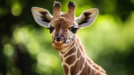 a close-up of a baby giraffe in a lush, green forest setting.