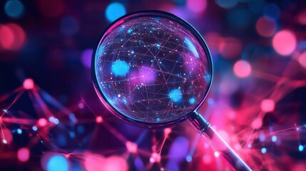 Digital transformation concept: magnifying glass highlighting online connectivity and data analysis