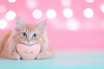 A cute cat is proudly holding a soft, pink heart gently in its mouth, showcasing its playful nature and adorable charm. Pets with personalized Valentine’s Day gifts