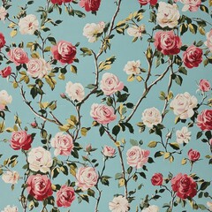 Wall Mural - Pastel pink and red roses on teal background.