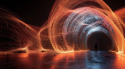 A person stands in front of a large, glowing, orange and blue spiral. The spiral is made of glowing sparks and he is a part of a larger, glowing structure. The scene is dark and mysterious