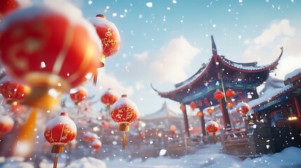 Wall Mural - Chinese New Year, red lanterns hanging in the snow at a temple fair, yellow and white auspicious clouds with colorful patterns on top of them, a temple background, a blurred foreground, depth