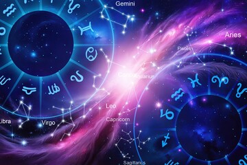 Wall Mural - astrology wheel and horoscope signs at night sky