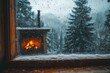 © Aliaksandra - cozy weather scene, raindrops and snowflakes swirl outside a foggy window as a crackling fireplace warms the room