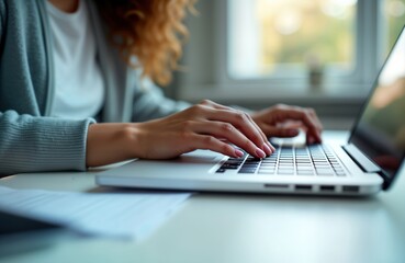 Poster - Woman types on laptop keyboard. Woman works at desk. Hands typing on laptop. Closeup image. Casual attire. Modern lifestyle. Home office. Person uses technology. Focus on hands, keyboard. Business